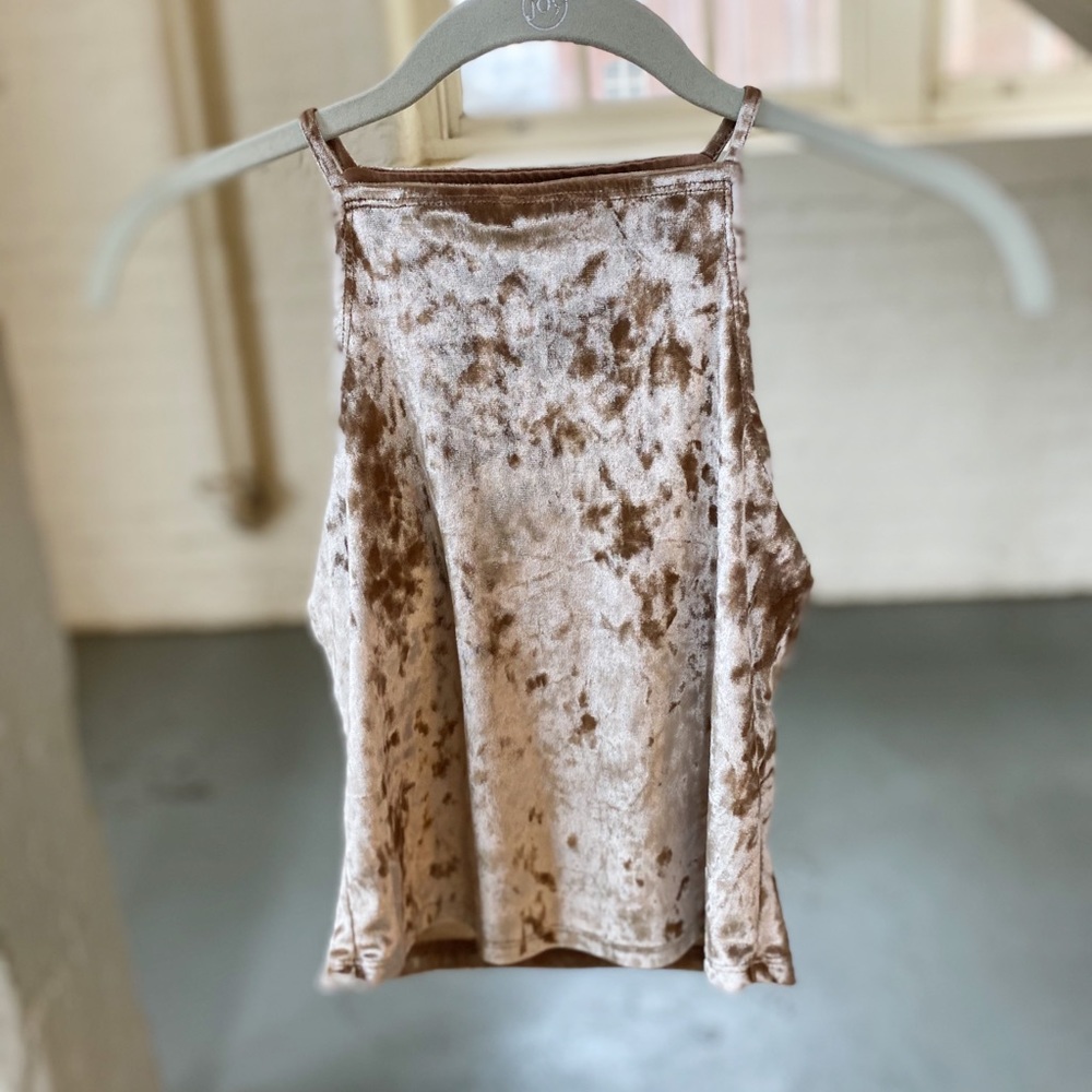 Beige velvet high neck crop tank